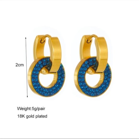 18k Gold Plated Blue Rhinestone Hoop Earrings - Picture 3 of 6